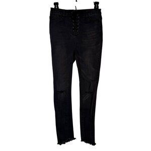 Forever 21 Black Denim Lace Up Skinny Jeans Pants Distressed Ripped Punk Sz 26